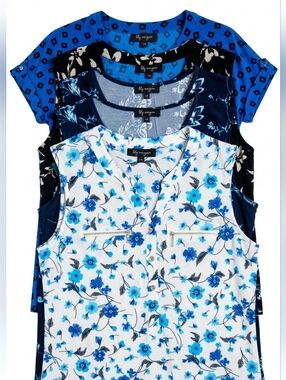 ​5 Lilly Morgan Designer Tops | Size L | Blue Floral & Mixed Pattern Bundle $30